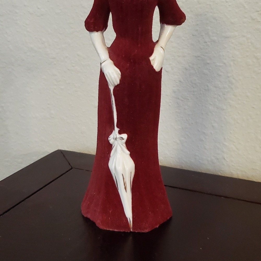 Vintage 1950s Victorian Lady In Red Velvet Dress Gold Trim Parasol With Umbrella